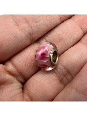 Pink Murano Glass Bead With Sterling Silver Core & Floral Design For Charm Brace